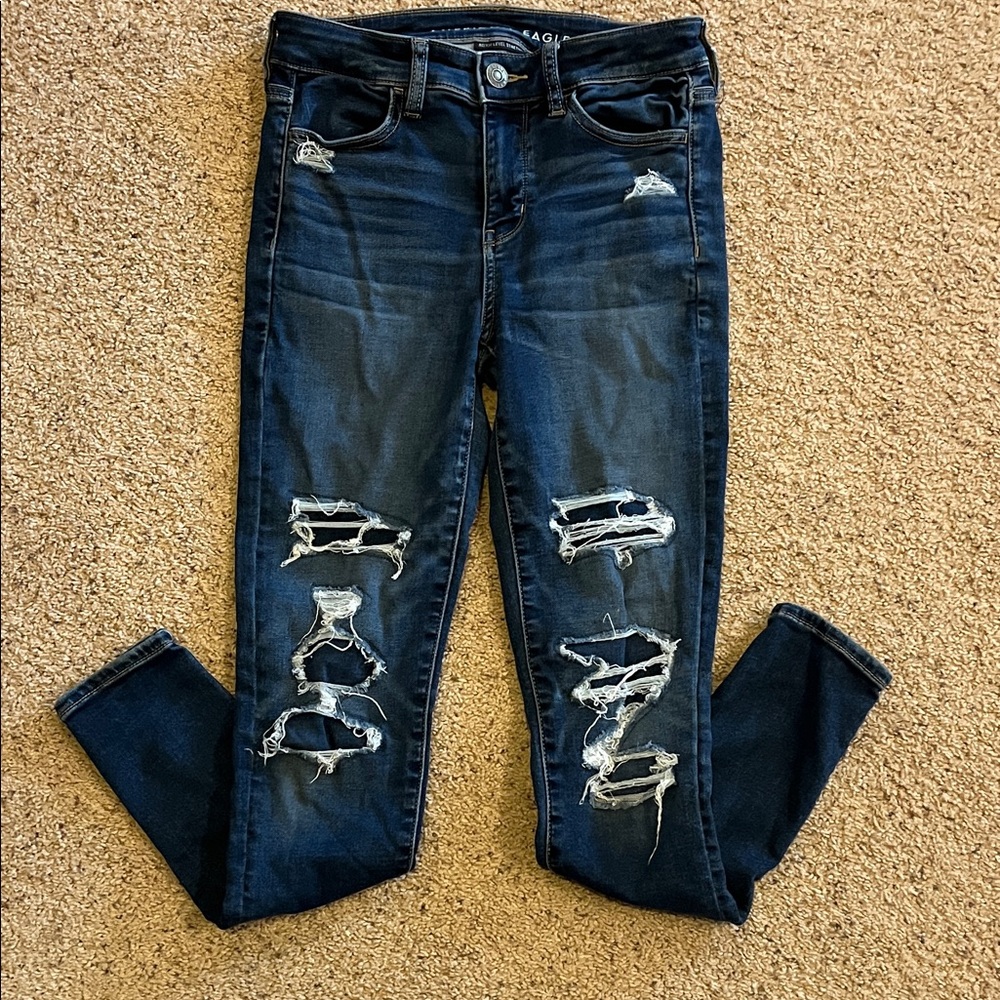 American Eagle Outfitters Dark Blue Distressed Skinny Jeans